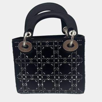 Pre Owned Dior Black Cannage Satin Mini Crystal Embellished Lady Dior Tote