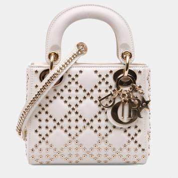 Pre Owned Dior White Mini Lambskin Cannage Lucky Star Studded Lady Dior