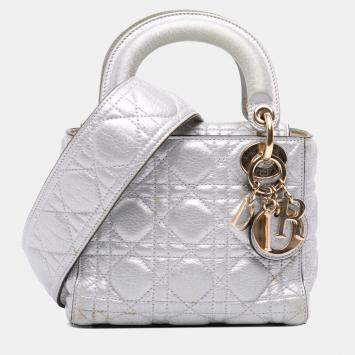 Pre Owned Dior Silver Mini Metallic Grained Calfskin Cannage Lady Dior