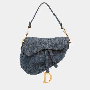Pre Owned Dior Blue Oblique Denim Embroidered Saddle Bag