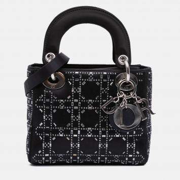 Pre Owned Dior Black Mini Satin Cannage Strass Crystal Embellished Lady Dior