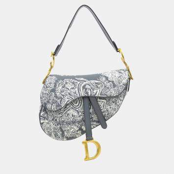 Pre Owned Christian Dior Shoulder Bag Saddle Toile De Jouy Reverse Jacquard Canvas Leather Gray Off-White Gold