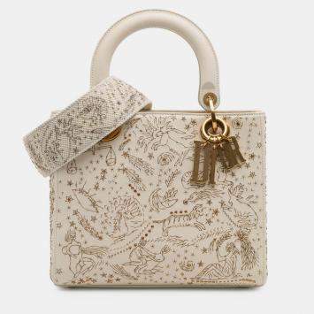 مملوكة مسبقًا Dior Beige/Gold Medium Calfskin Embroidered Astrology Lady Dior