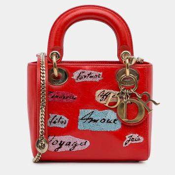 Pre Owned Dior Red Mini Calfskin Sequin Embellished Lady Dior