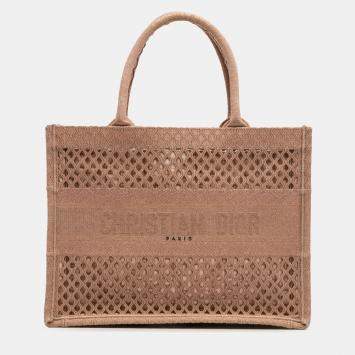Pre Owned Dior Brown Medium Embroidered Mesh Book Tote