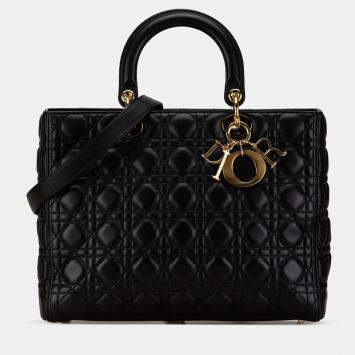 Pre Owned Dior Black Large Lambskin Cannage Lady Dior