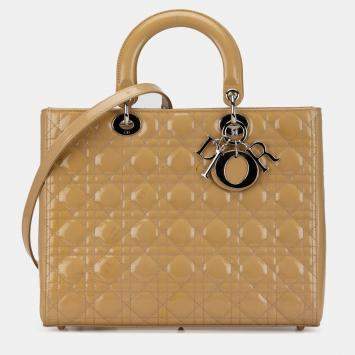 Pre Owned Dior Beige Brown Large Patent Cannage Lady Dior