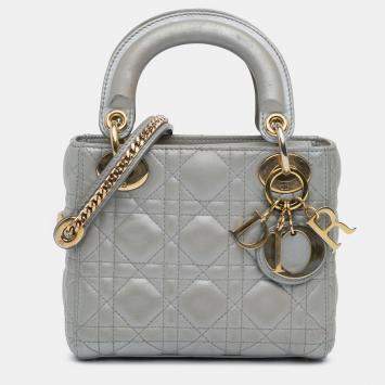 Pre Owned Dior Grey Mini Metallic Lambskin Cannage Lady Dior