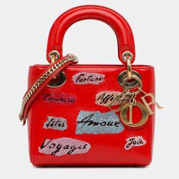 Pre Owned Dior Red Mini Calfskin Sequin Embellished Lady Dior