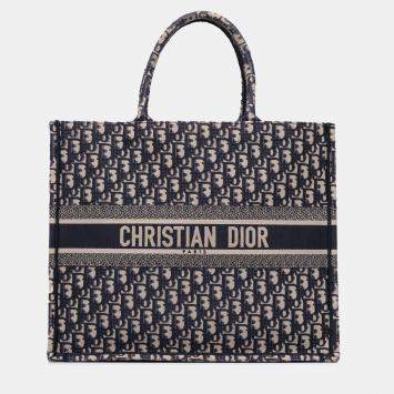 Pre Owned Dior Navy Blue Large Oblique Canvas Book Tote