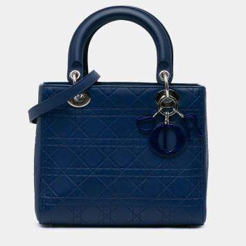 Pre Owned Dior Blue Medium Ultra Matte Calfskin Cannage Embossed Lady Dior