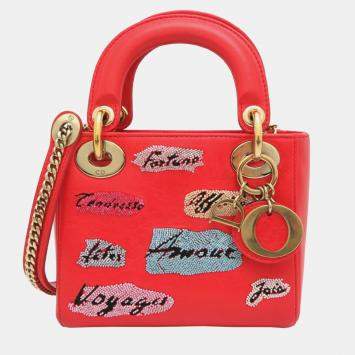 Pre Owned Christian Dior Lady Mini Handbag Leather Vermilion 