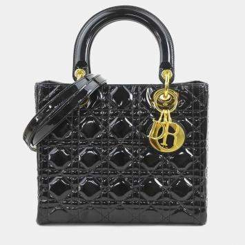 Pre Owned Christian Dior Handbag Shoulder Bag Lady Patent Leather Black Gold