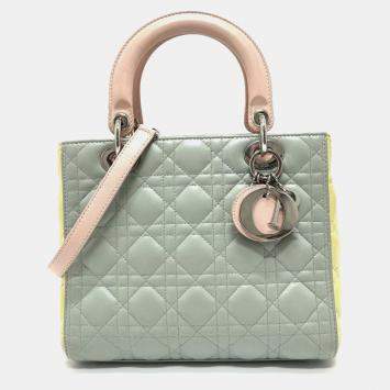 Pre Owned Christian Dior Dior Cannage Lady 2-Way Handbag Leather Blue X Yellow Pink