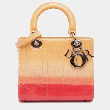 Pre Owned Dior Orange Medium Ombre Patent Cannage Lady Dior