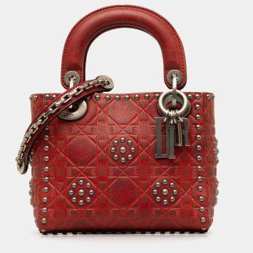 Pre Owned Dior Red Mini Embossed Calfskin Cannage Studded Flower Lady Dior