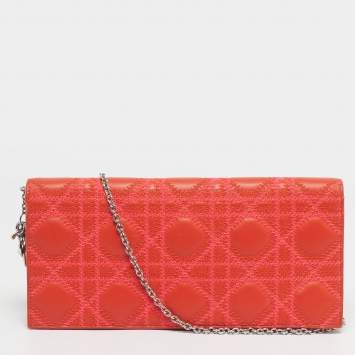 Pre Owned Dior Orange Stitch Cannage Leather Lady Dior Chain Clutch