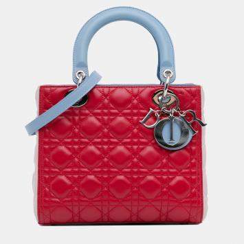 Pre Owned Dior Red/Blue Medium Lambskin Cannage Lady Dior