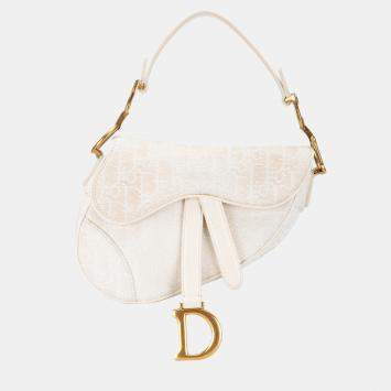Pre Owned Dior White Mini Oblique Canvas Saddle Bag