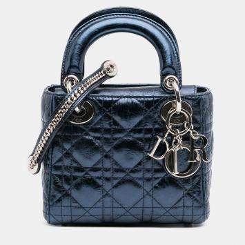 Pre Owned Dior Blue Mini Crinkled Calfskin Cannage Lady Dior