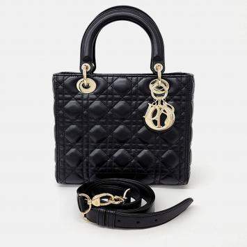 Pre Owned Dior Black Leather Cannage Lady Bag Medium