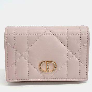 Pre Owned Dior Pink Leather Crystal Logo Caro Bifold Wallet