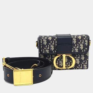 Pre Owned Dior Navy Blue Fabric Oblique 30 Montaigne Box Bag