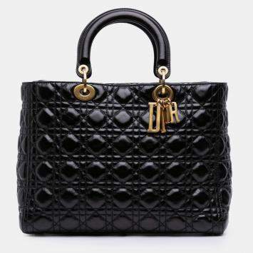 Pre Owned Dior Black Large Crinkled Patent Cannage Lady Dior
