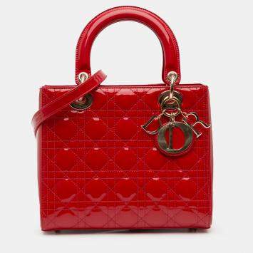 Pre Owned Dior Red Medium Patent Cannage Lady Dior