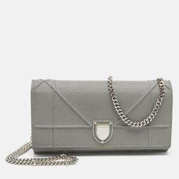 Pre Owned Dior Grey Leather Diorama Wallet on Chain