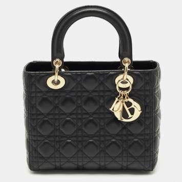 Pre Owned Dior Black Cannage Leather Medium Lady Dior Tote