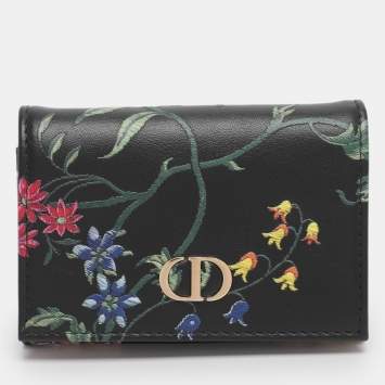 Pre Owned Dior Black Leather Petites Fleurs Embroidered Caro Glycine Wallet