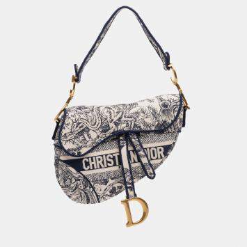 Pre Owned Dior Navy Blue Canvas Embroidered Toile de Jouy Saddle Bag