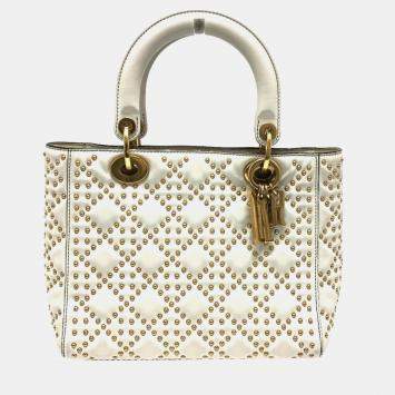 Pre Owned Christian Dior Cannage Tote Bag  Lady Dior  Handbag  Leather  White