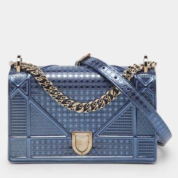Pre Owned Dior Metallic Blue Micro Cannage Patent Leather Small Diorama Flap Bag