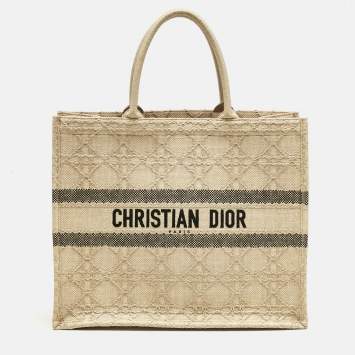 Pre Owned Dior Cream Embroidered Raffia Large Book Tote