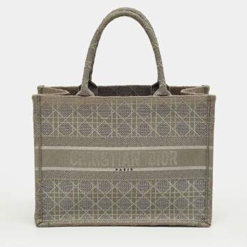 Pre Owned Dior Grey Embroidered Cannage Canvas Medium Book Tote
