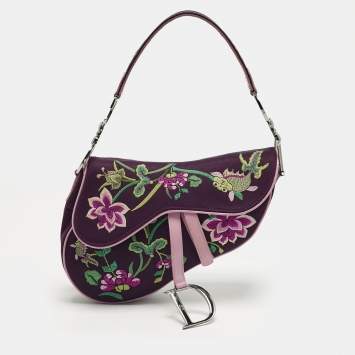 Pre Owned Dior Purple/Pink Embroidered Silk Limited Edition 0336 Floral And Koi Saddle Bag
