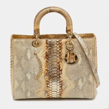 Pre Owned Dior Gold/Beige Python Large Lady Dior Tote