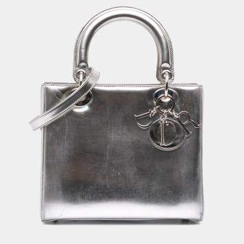 Pre Owned Dior Silver Medium Metallic Patent Lady Dior