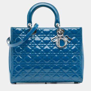 Pre Owned Dior Blue Large Patent Cannage Lady Dior