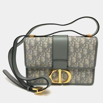 Pre Owned Christian Dior Dior Cd Logo Montaigne Oblique Green/Grey Canvas Leather Shoulder Bag