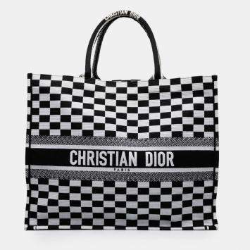 Pre Owned Dior Black White Large Embroidered Canvas Checkered Book Tote