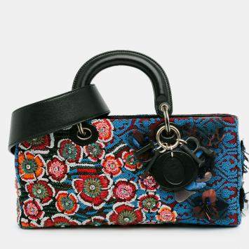 Pre Owned Dior Blue Medium Beaded Ribbon Embroidered Floral Lady D Joy