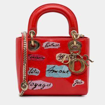 Pre Owned Dior Red Mini Calfskin Sequin Embellished Lady Dior