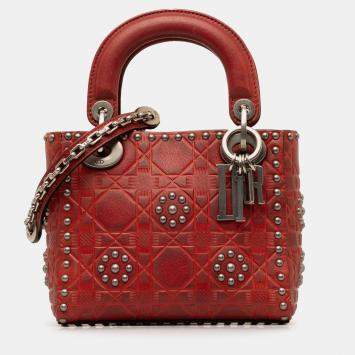 Pre Owned Dior Red Mini Embossed Calfskin Cannage Studded Flower Lady Dior
