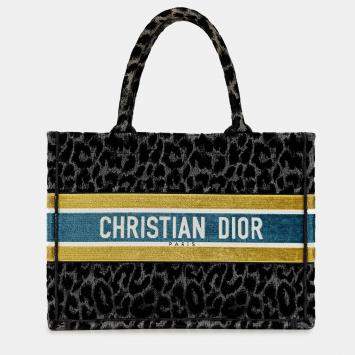 Pre Owned Dior Black Mizza Medium Embroidered Canvas Leopard Book Tote