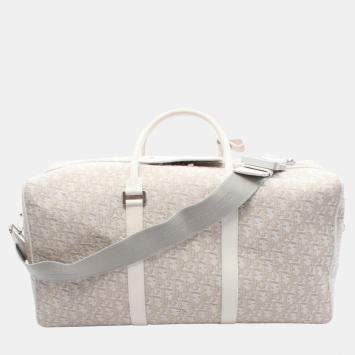 Pre Owned حقيبة بوسطن ديور أوبليك كانفاس وجلد أبيض/بيج