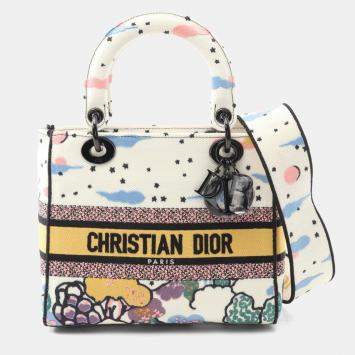 Pre Owned Christian Dior Dior Lady D-Lite Medium Handbag  Canvas  White  Multicolor