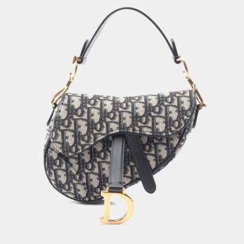 Pre Owned Christian Dior Dior Saddle Oblique Handbag  Canvas And Leather  Beige Navy